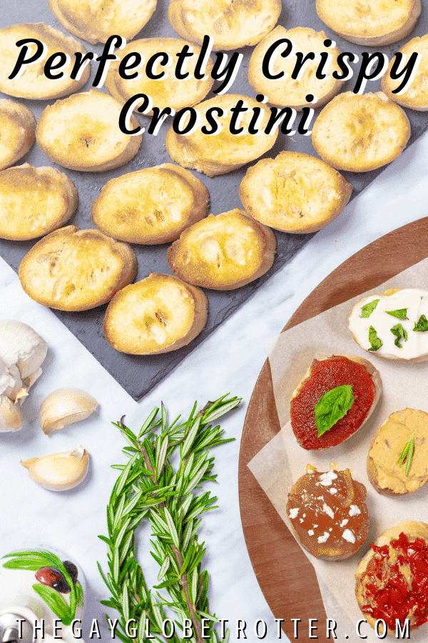 Crostini on a plate with text overlay that reads "perfectly crispy crostini"