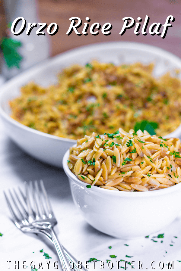 Rice pilaf with orzo in a bowl with text overlay that reads "orzo rice pilaf"