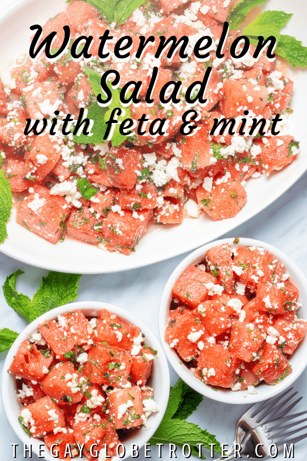 Watermelon feta salad with text overlay that reads "watermelon salad with feta and mint"