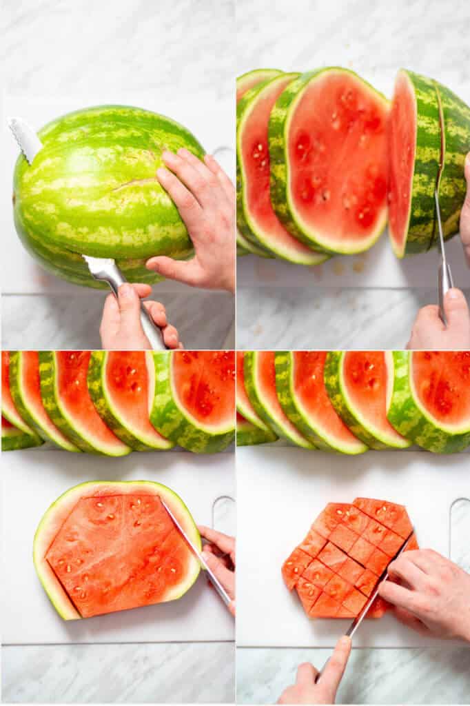 A collage of process shots showing how to cube a watermelon.