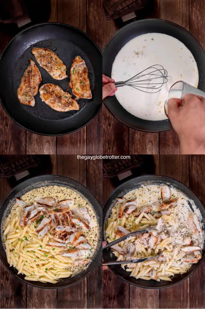 A collage of process shots making creamy chicken pesto pasta.