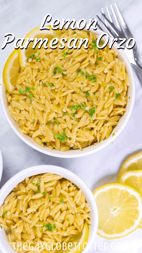 Lemon orzo with text overlay that reads "lemon parmesan orzo"