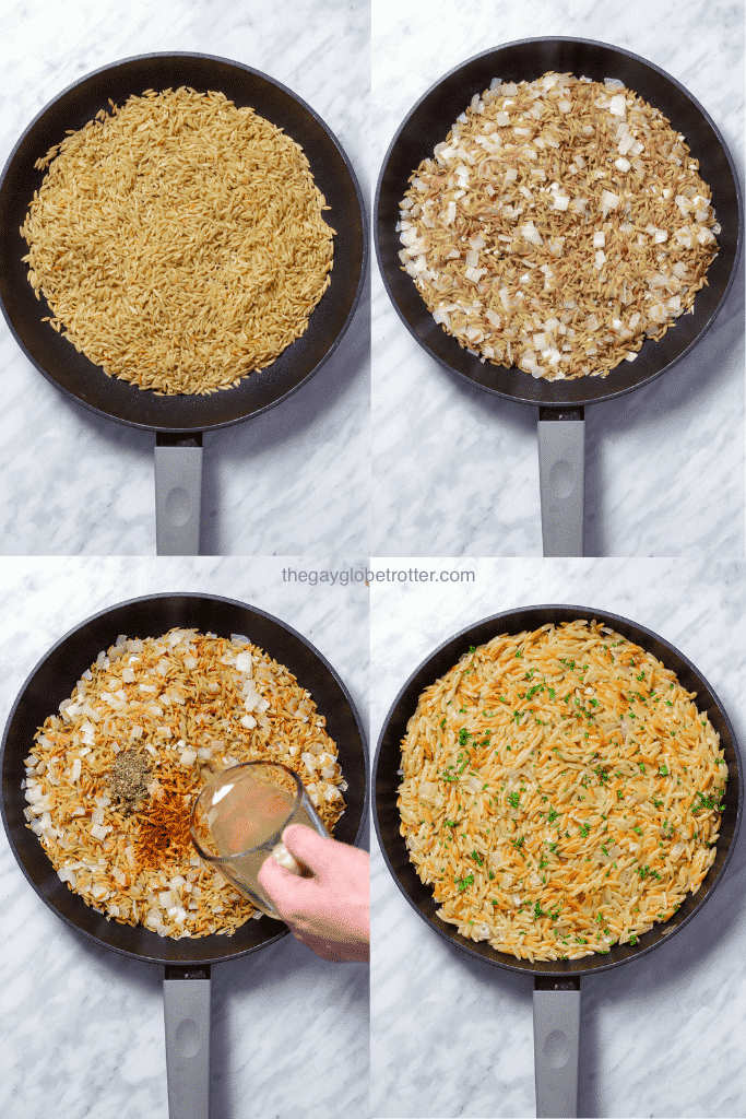 4 process shots of making rice pilaf with orzo in a collage