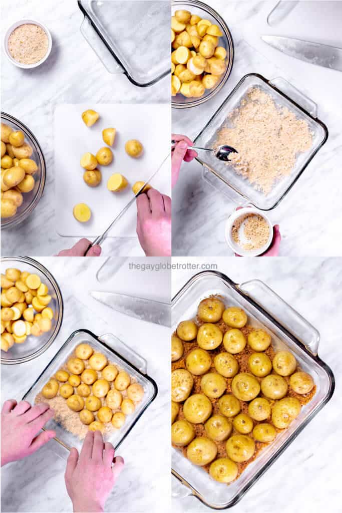 A collage of process shots preparing crispy parmesan roasted potatoes.