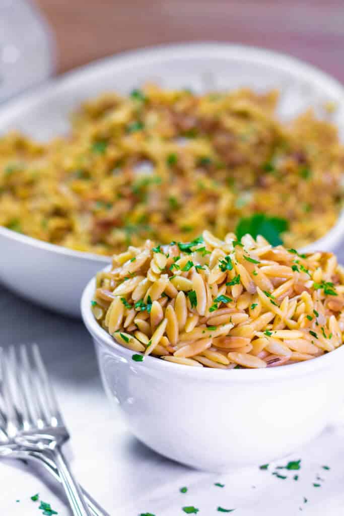 A bowl of rice pilaf with orzo.