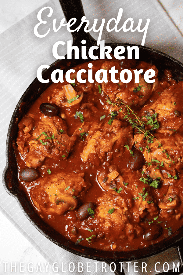 A serving dish of chicken cacciatore with text overlay.