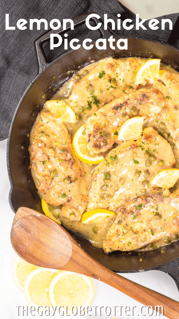 A pan of lemon chicken piccata with text overlay that reads "lemon chicken piccata".