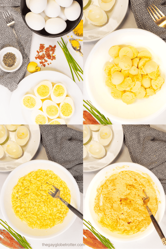 4 process shots showing bacon deviled eggs with eggs being removed, yolks being mashed, mixed with other ingredients like mayonnaise, then added to the egg whites.