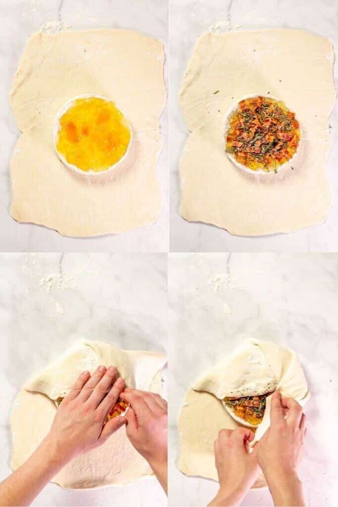 4 process shots showing how to assemble brie en croute.