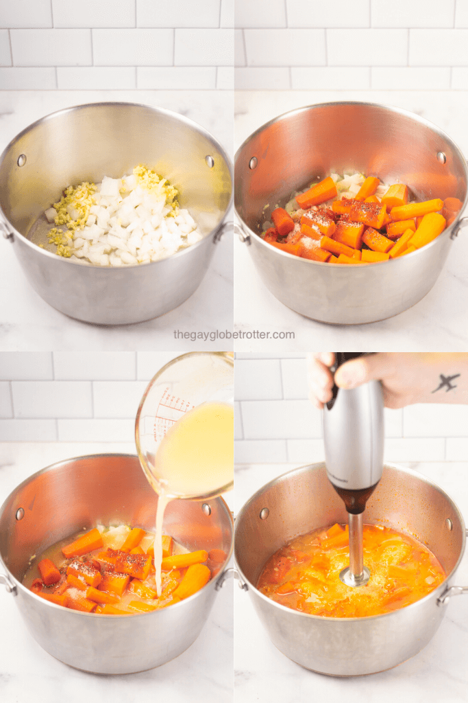 4 process shots showing how to make carrot ginger soup, from sauteeing the vegetables, adding broth, and blending. 