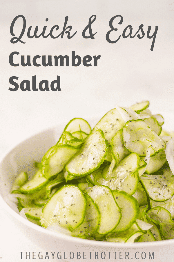 A bowl of cucumber salad with text overlay that reads "Quick and easy cucumber salad"