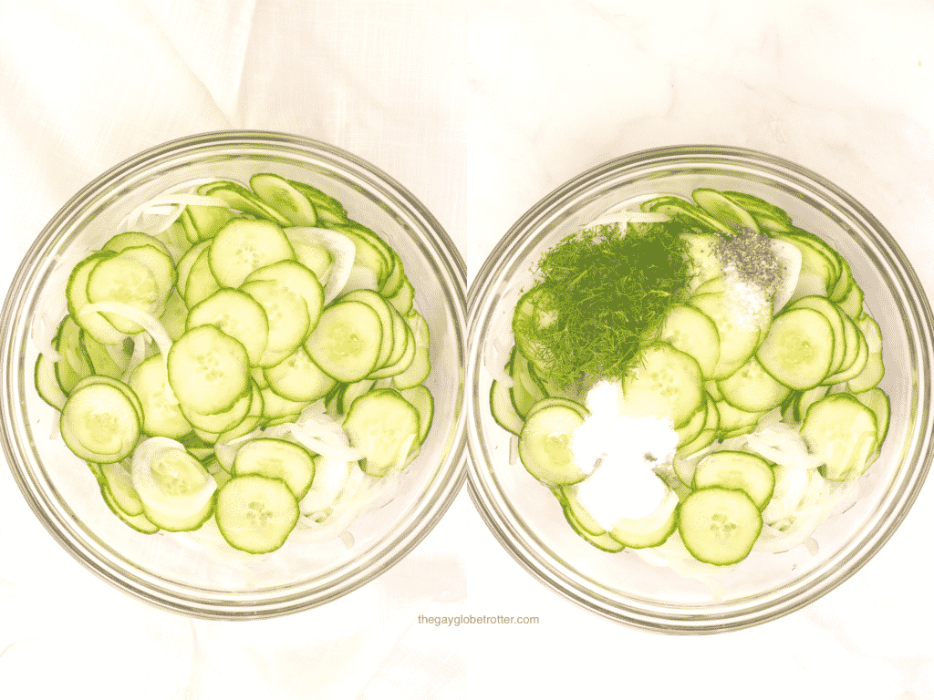 A collage of 2 process shots showing cucumber vinegar salad ingredients being mixed together.