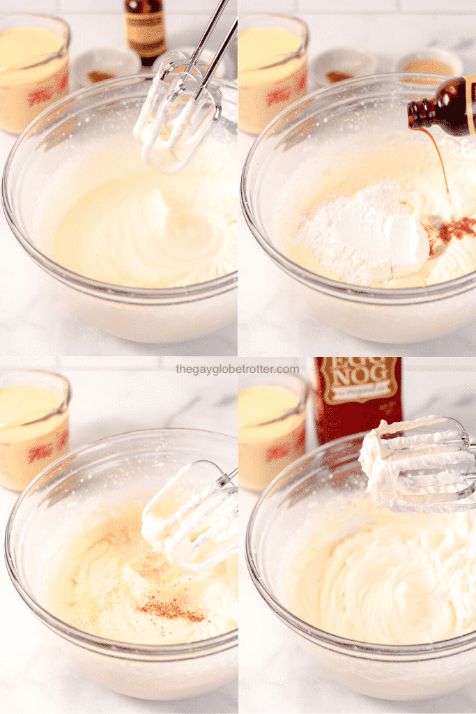 Process shots showing how to make eggnog whipped cream with a hand mixer.