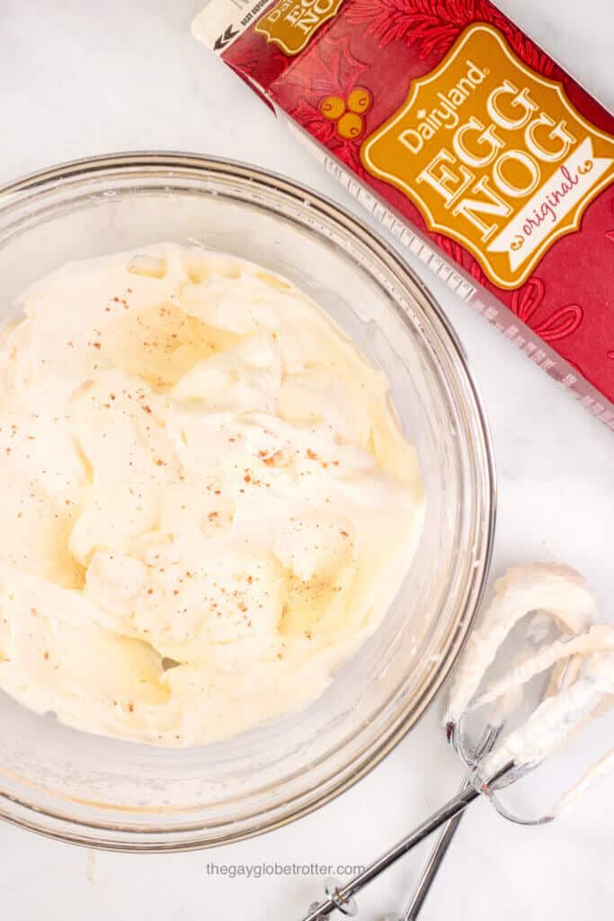 A big bowl of eggnog whipped cream ready to serve over dessert.