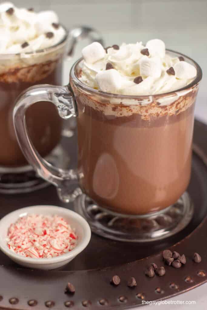 A cup of homemade hot chocolate topped with whipped cream, marshmallows, and chocolate chips.