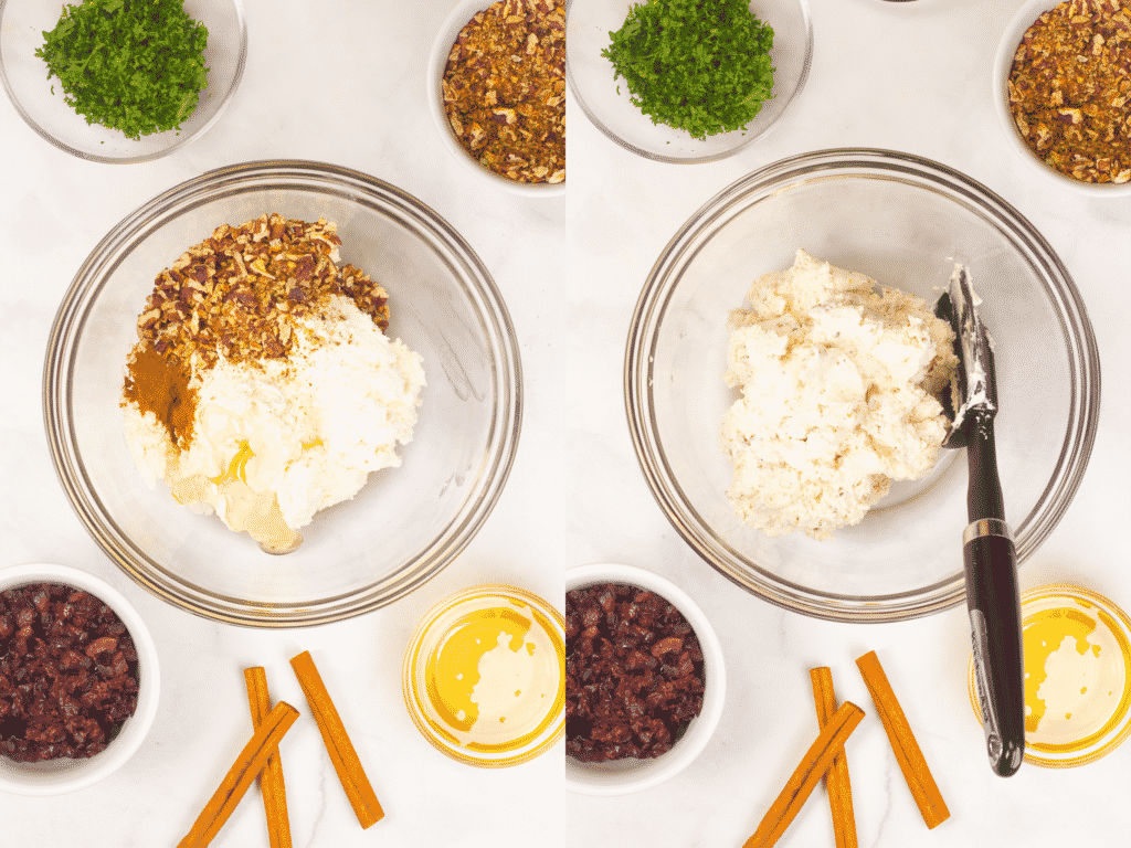 2 process shots showing ingredients for cheese ball bites being mixed together.