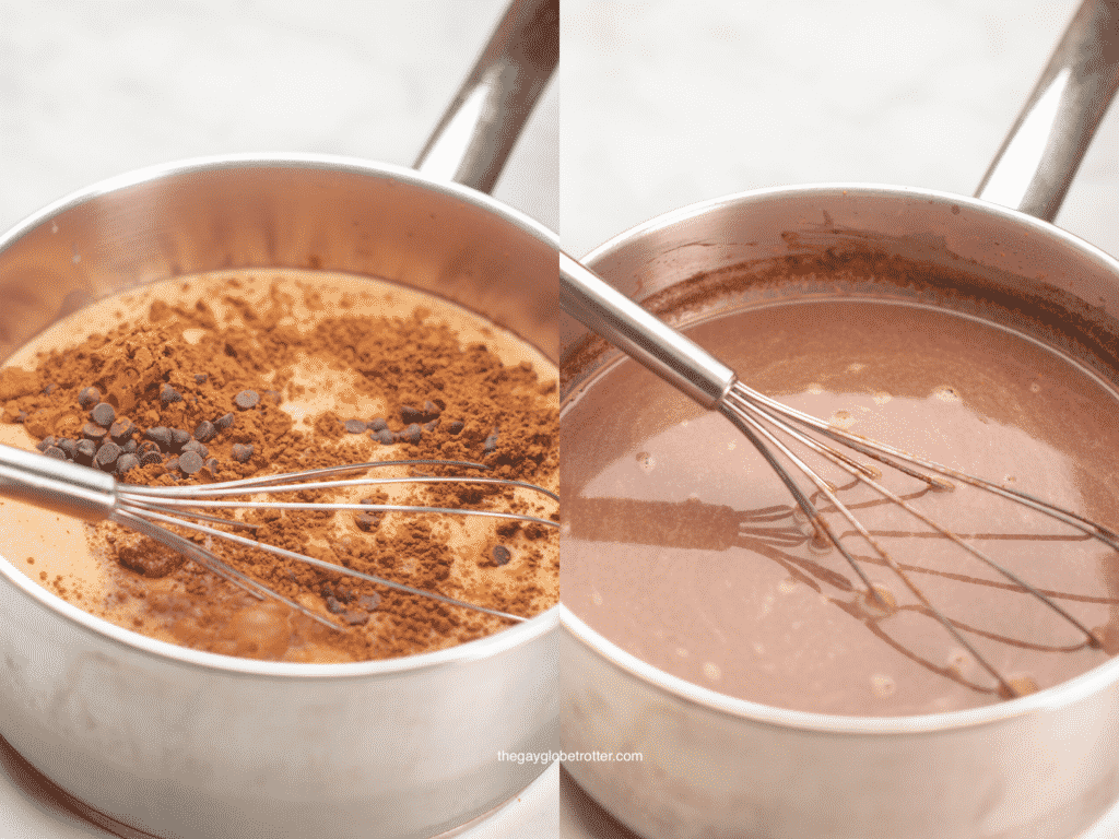 2 images showing homemade hot chocolate ingredients being mixed together in a saucepan.