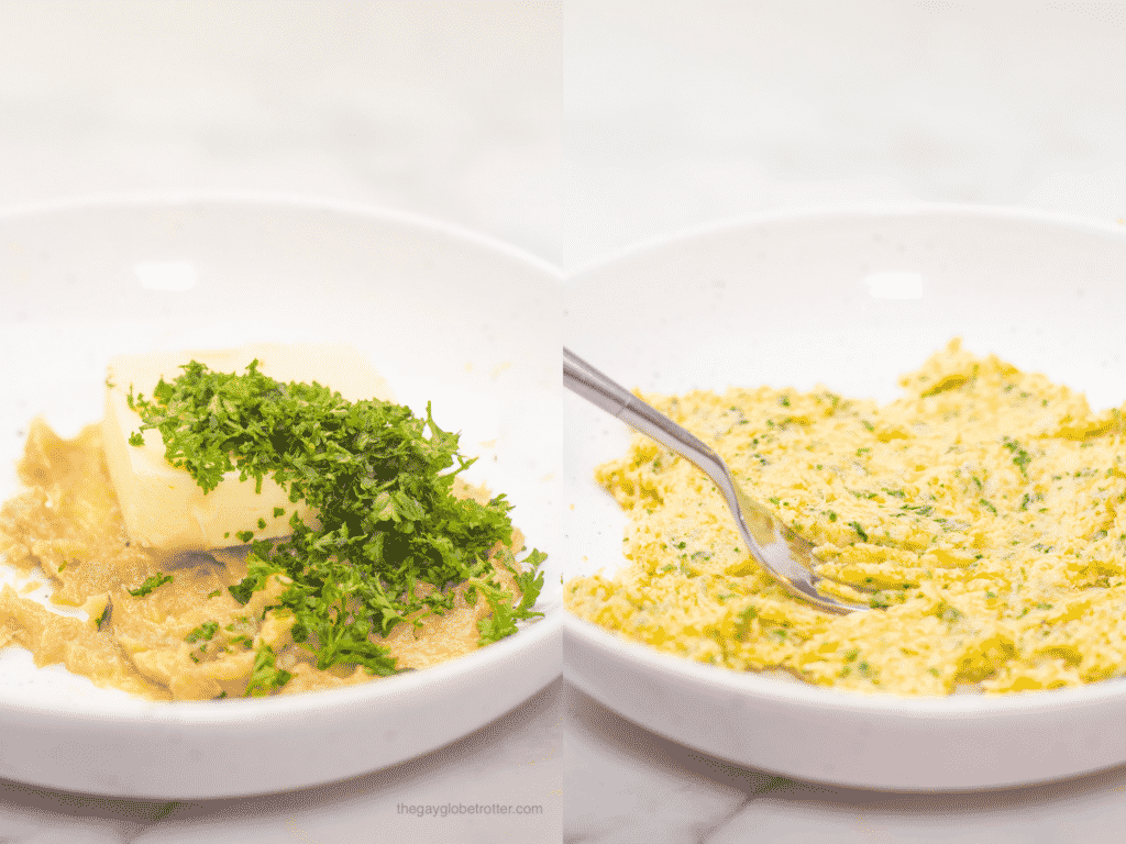 Process shots of roasted garlic butter being mixed in a bowl.