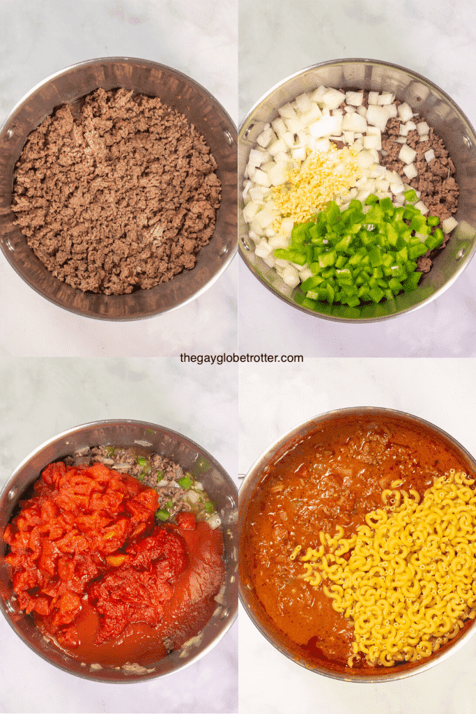 4 process shots showing american goulash being made in a stock pot.