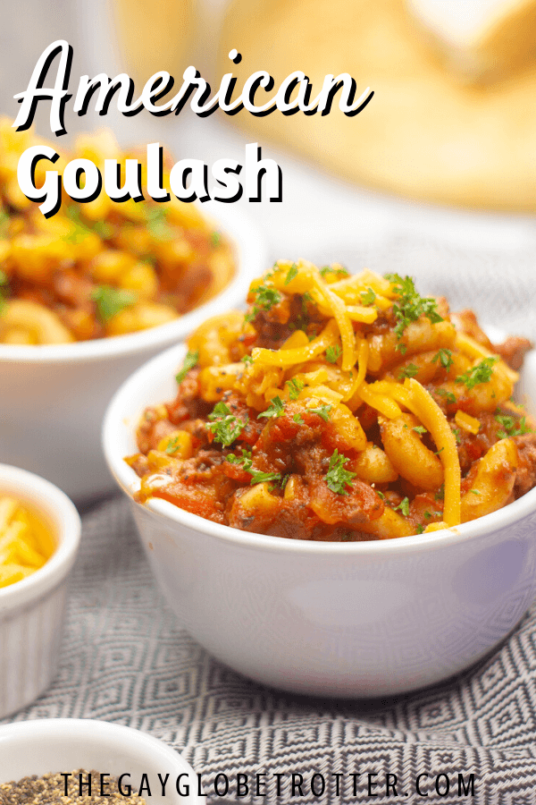 A serving bowl of american goulash.