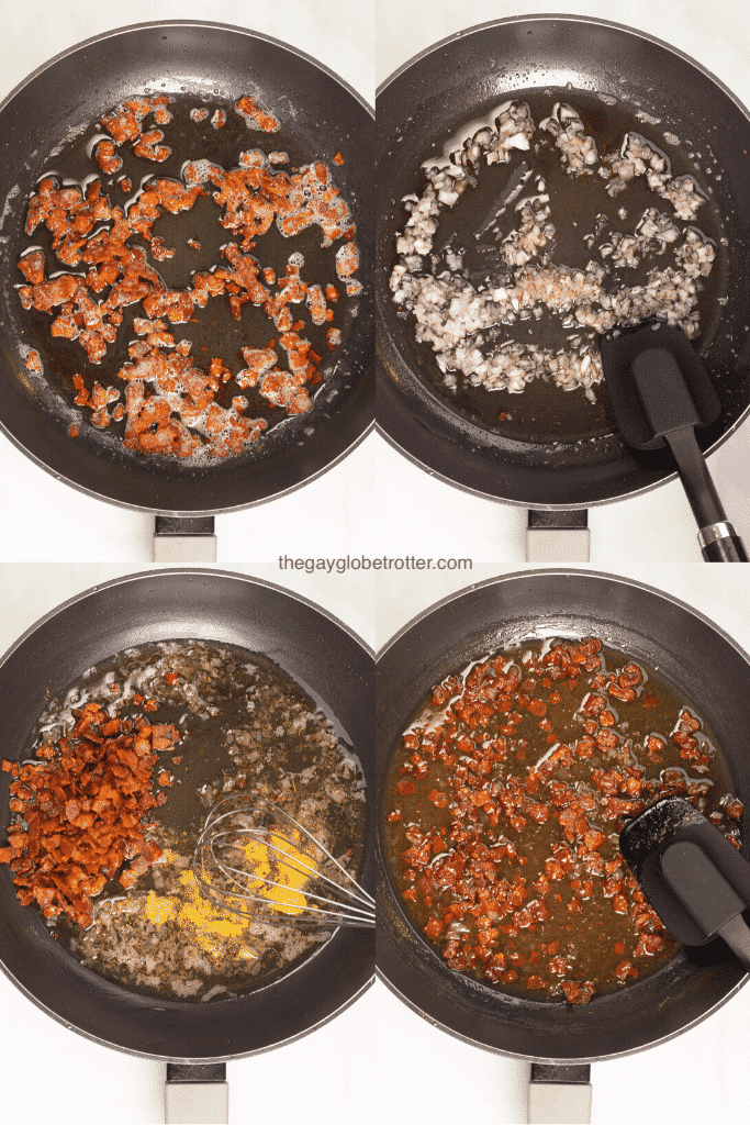 4 process shots showing bacon being cooked, shallots, and other dressing ingredients in a pan.