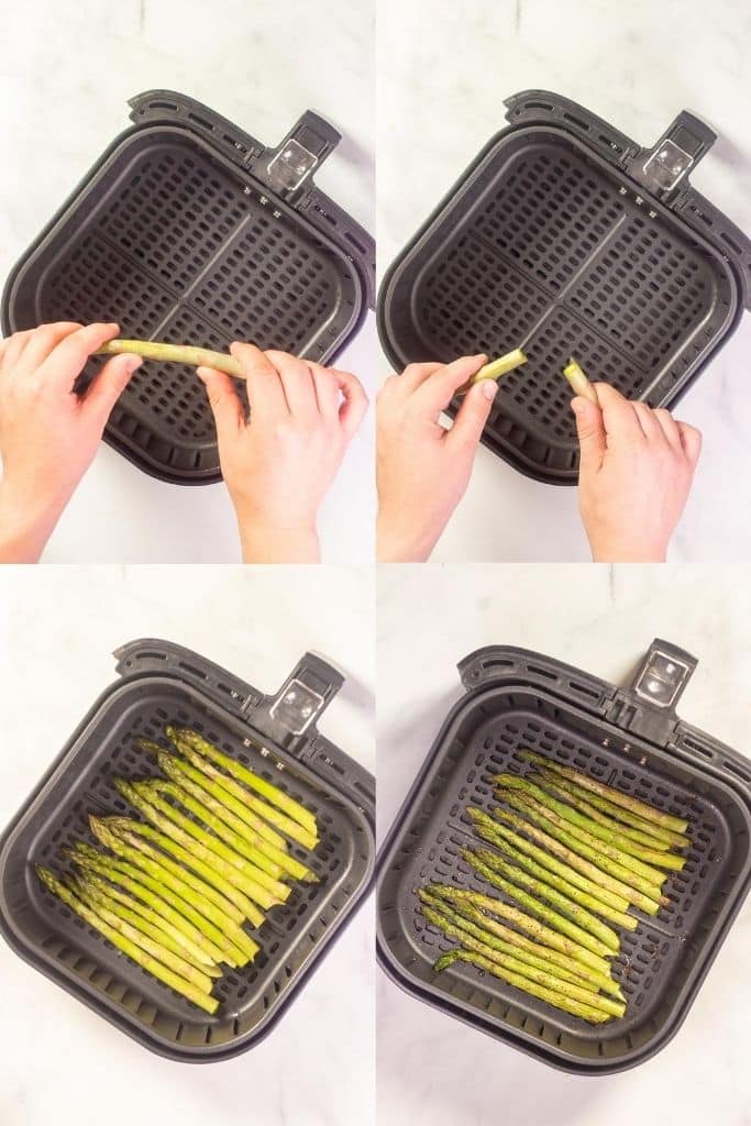 4 process shots showing air fryer asparagus being prepared in an air fryer basket.