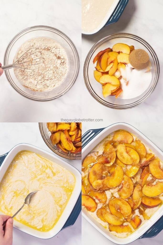 4 process shots showing peach cobbler being made in a casserole dish.