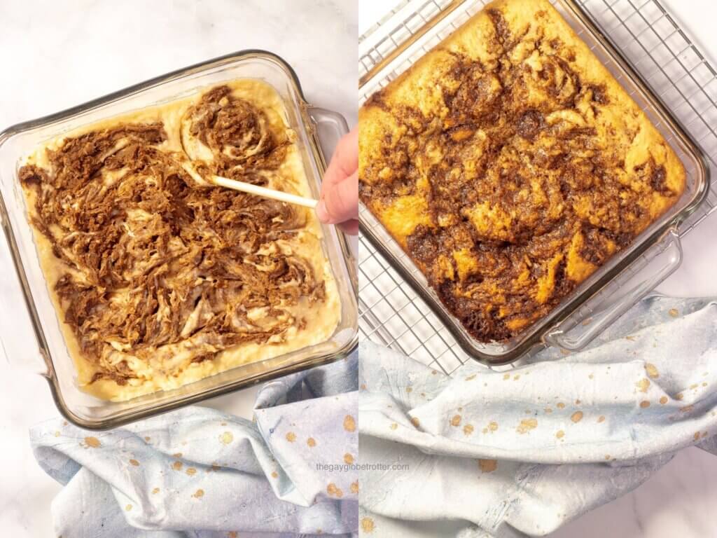2 images showing cinnamon swirl being added and swirled into cake batter.