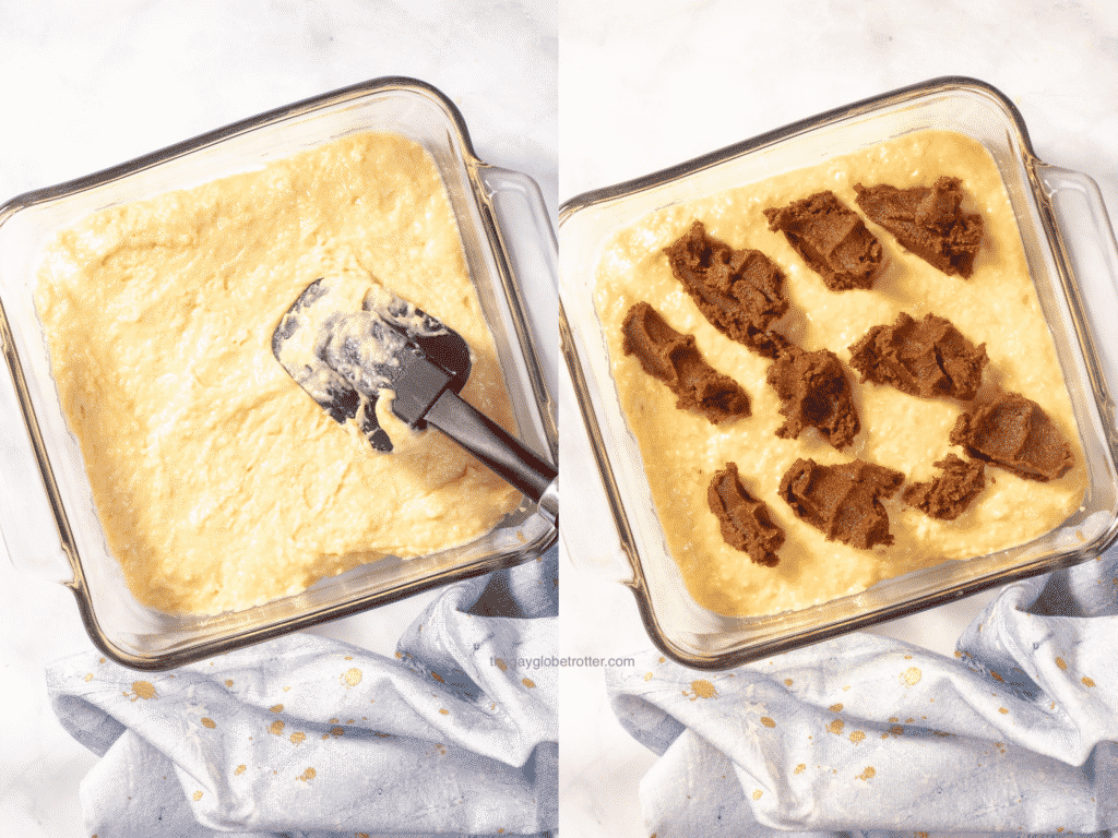 2 images showing cake batter being added to a baking dish.