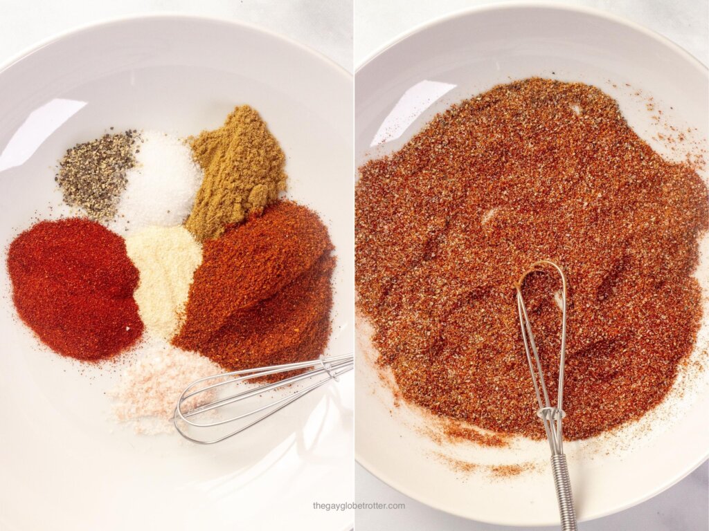 Spices being combined in a white bowl for fajita seasoning.