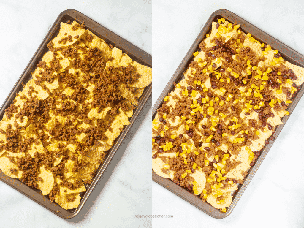 Two process shots showing ground beef, beans, and corn being added to nacho chips.