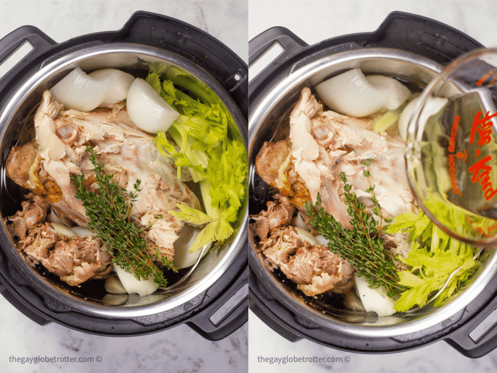 Two process shots showing the turkey stock ingredients in an Instant Pot.