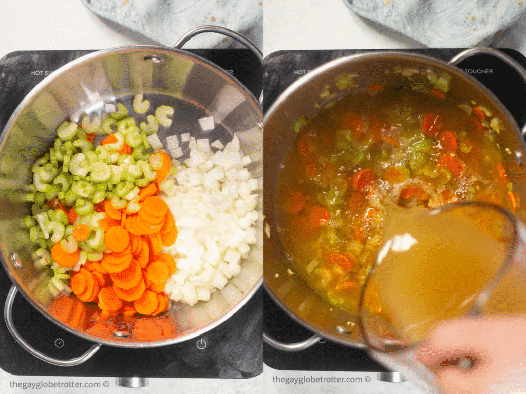 Two images showing veggies being sauteed, and broth being poured.