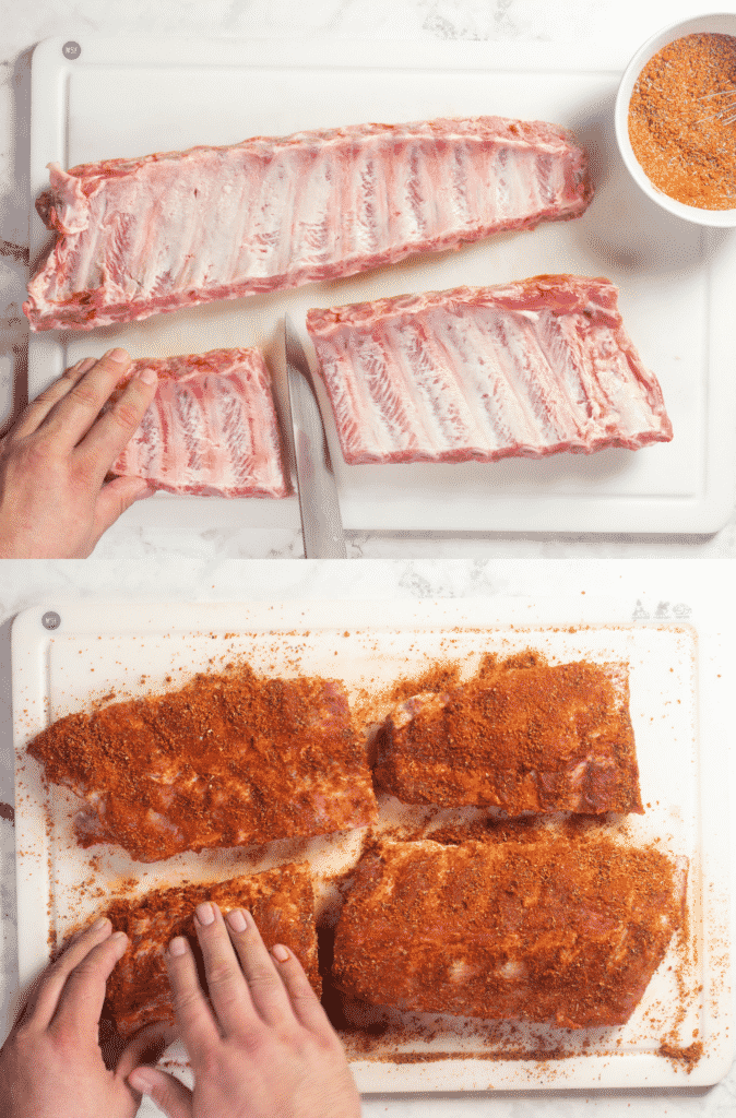 Dry rub being added to ribs on a cutting board.