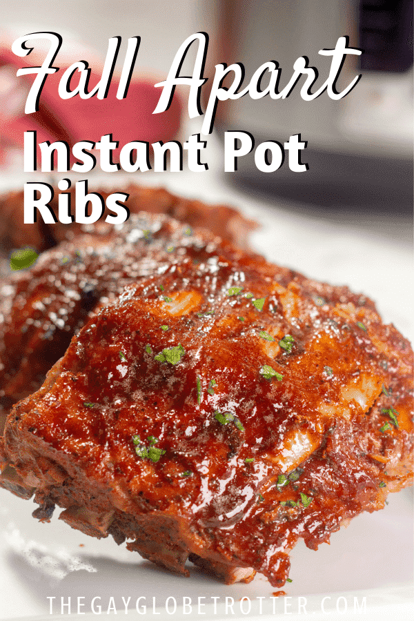 Ribs on a plate with text overlay that reads "fall apart instant pot ribs".