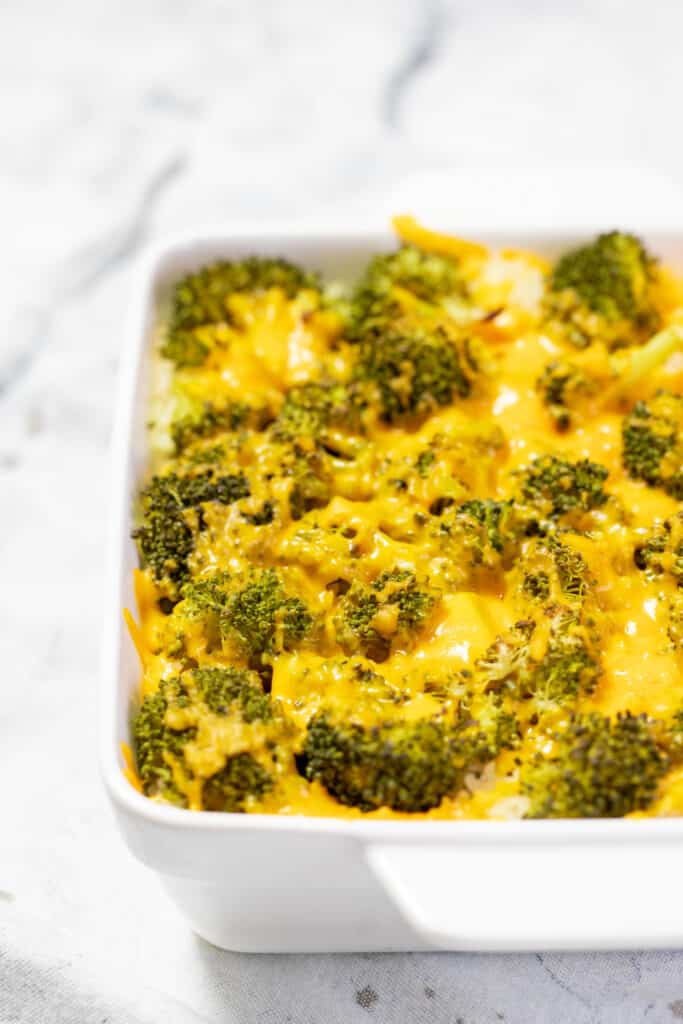 Cheesy broccoli and rice fresh from the oven.