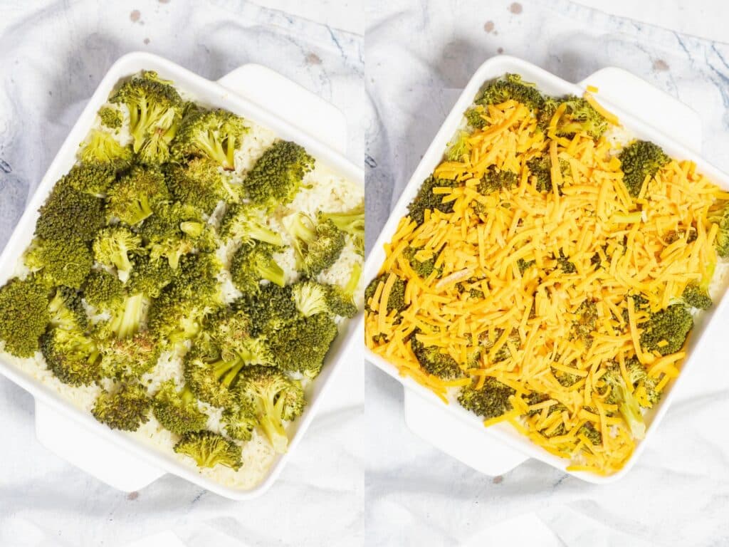 Broccoli and cheese being added to a casserole dish.