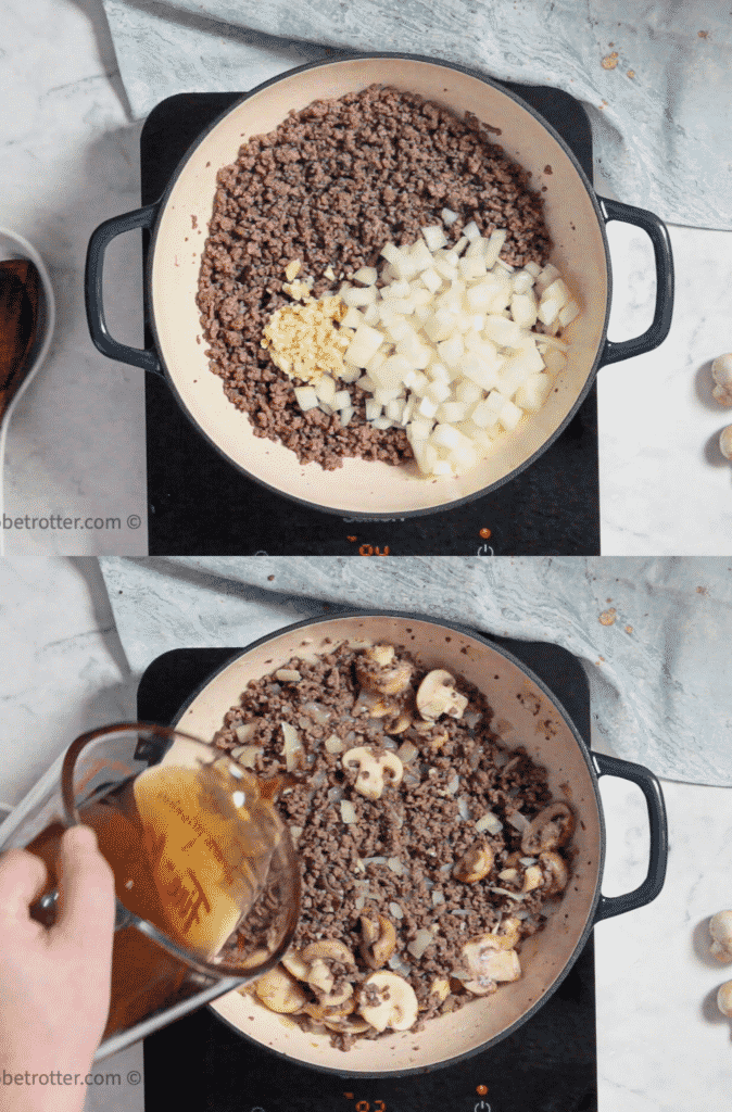 Broth being poured into ground beef, onions, and mushrooms.