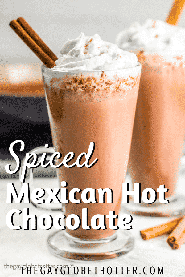 A cup of Mexican hot chocolate garnished with whipped cream.