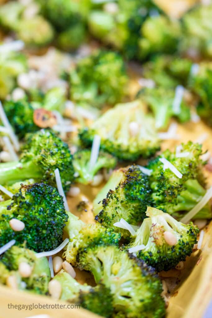 Roasted broccoli with parmesan cheese and pine nuts.