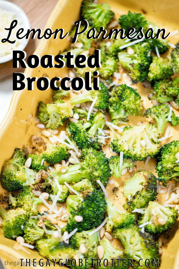 Parmesan roasted broccoli ready to serve.