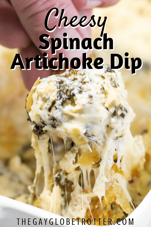 Spinach artichoke dip being eaten with text overlay.