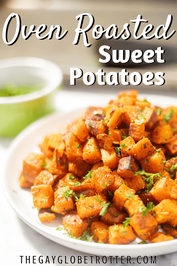 A serving plate of oven roasted sweet potatoes.