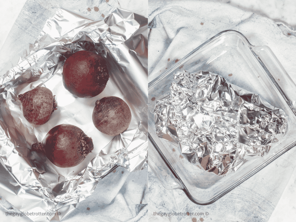 Two images showing how to wrap beets in foil.