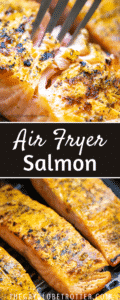 Two images of air fryer salmon with text overlay.