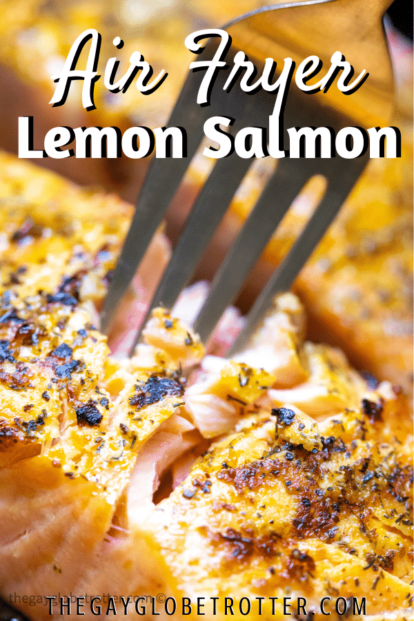 A fork digging into salmon with text overlay.