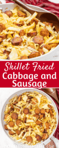 A pan of cabbage and sausage with text overlay.