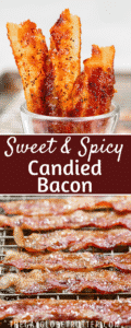 Two images of candied bacon with text overlay.