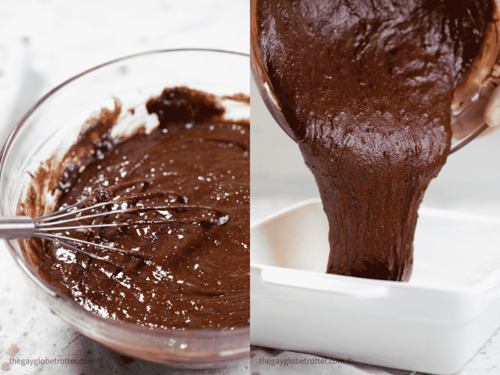 Brownie batter being poured into a baking dish.