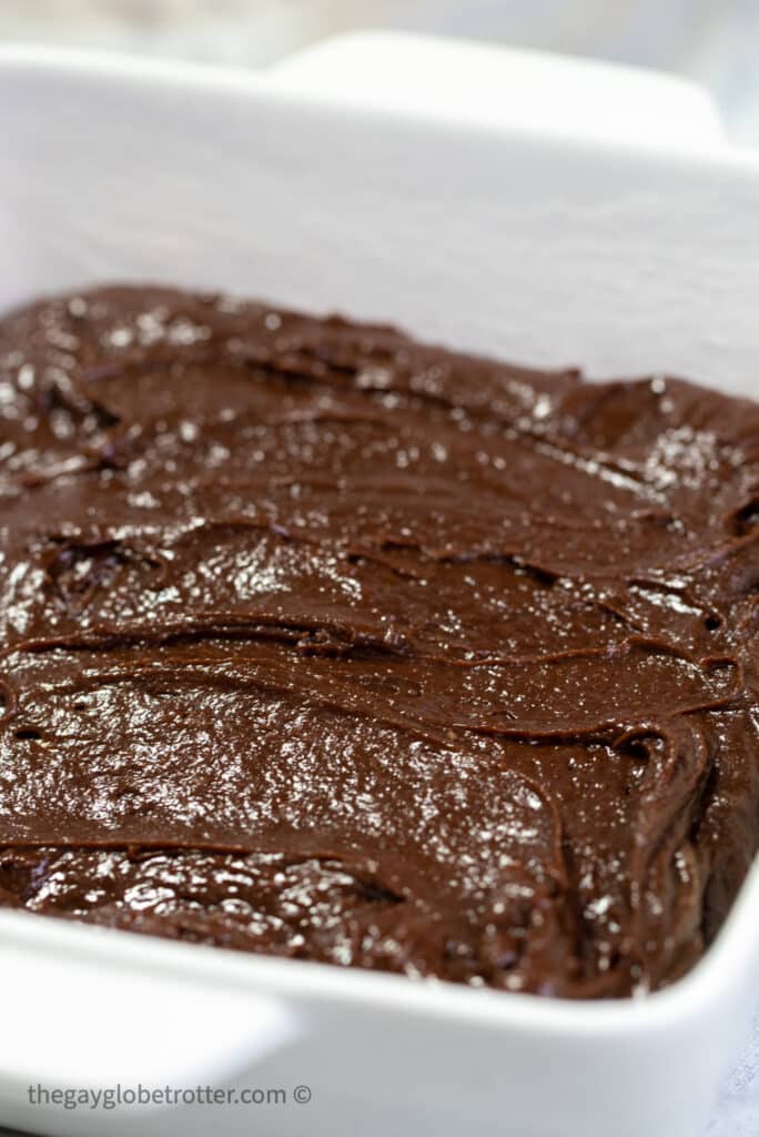 Brownie batter in a baking dish.